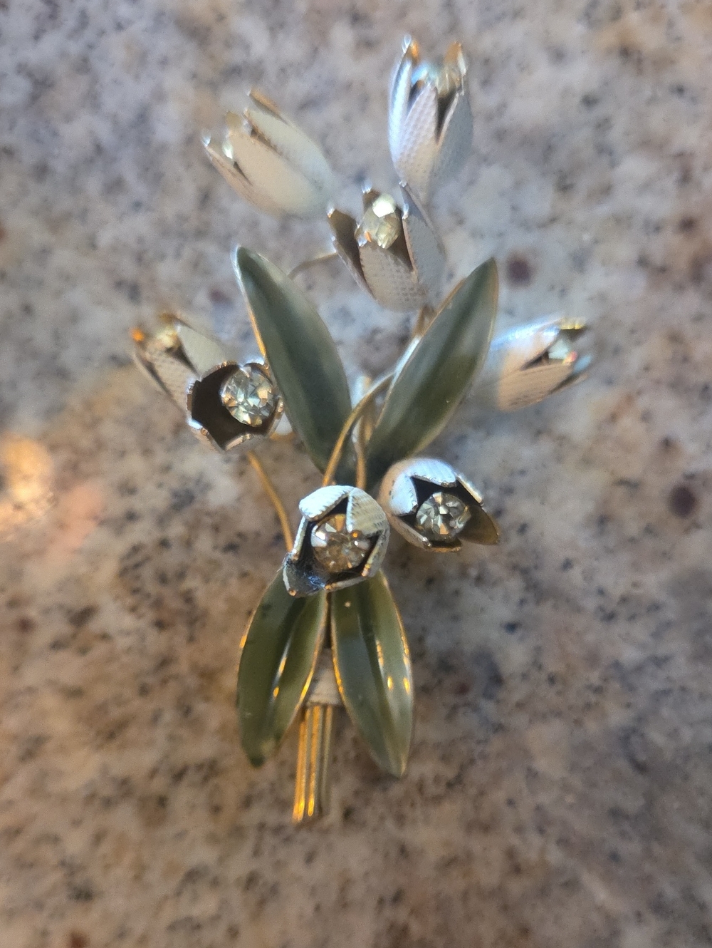 Sandor Brooch Signed Elegant Green Enamel Floral Brooch with Rhinestones